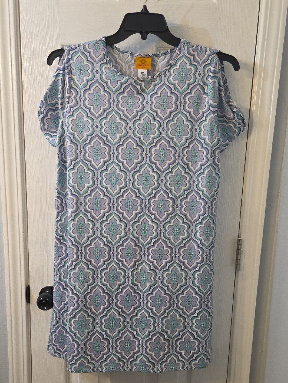 Ruby Rd. Aqua and Lavender Geometric Boho Shift Dress